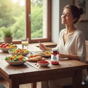 میز ناهار سالم با مکمل گوجی بری، سبزیجات رنگی و یک زن در حال لبخند زدن و آرامش.